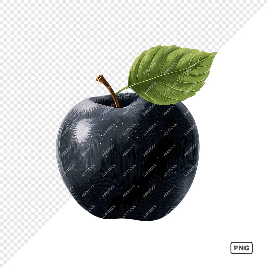 black apple with leaf illustration png